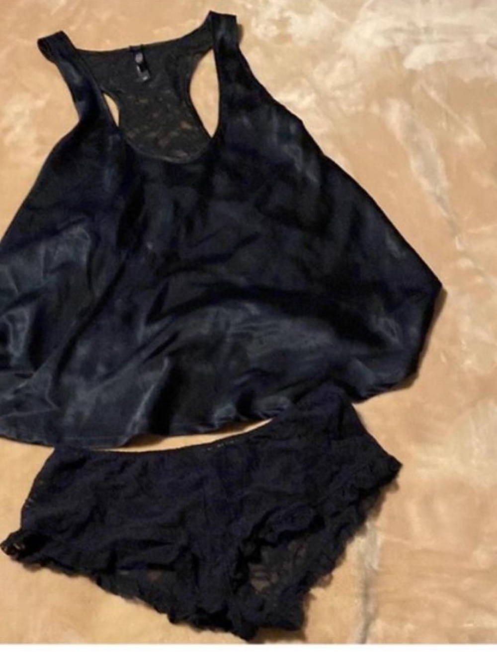 Victoria's Secret Black Satin Racerback Chemise with Lace Panty Shorts